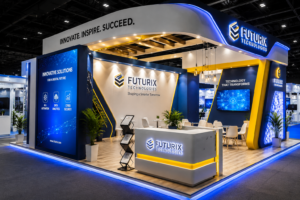 Modern eye-catching exhibition booth design with LED screens, creative branding, stylish lighting, and interactive display setup at an exhibition in India.