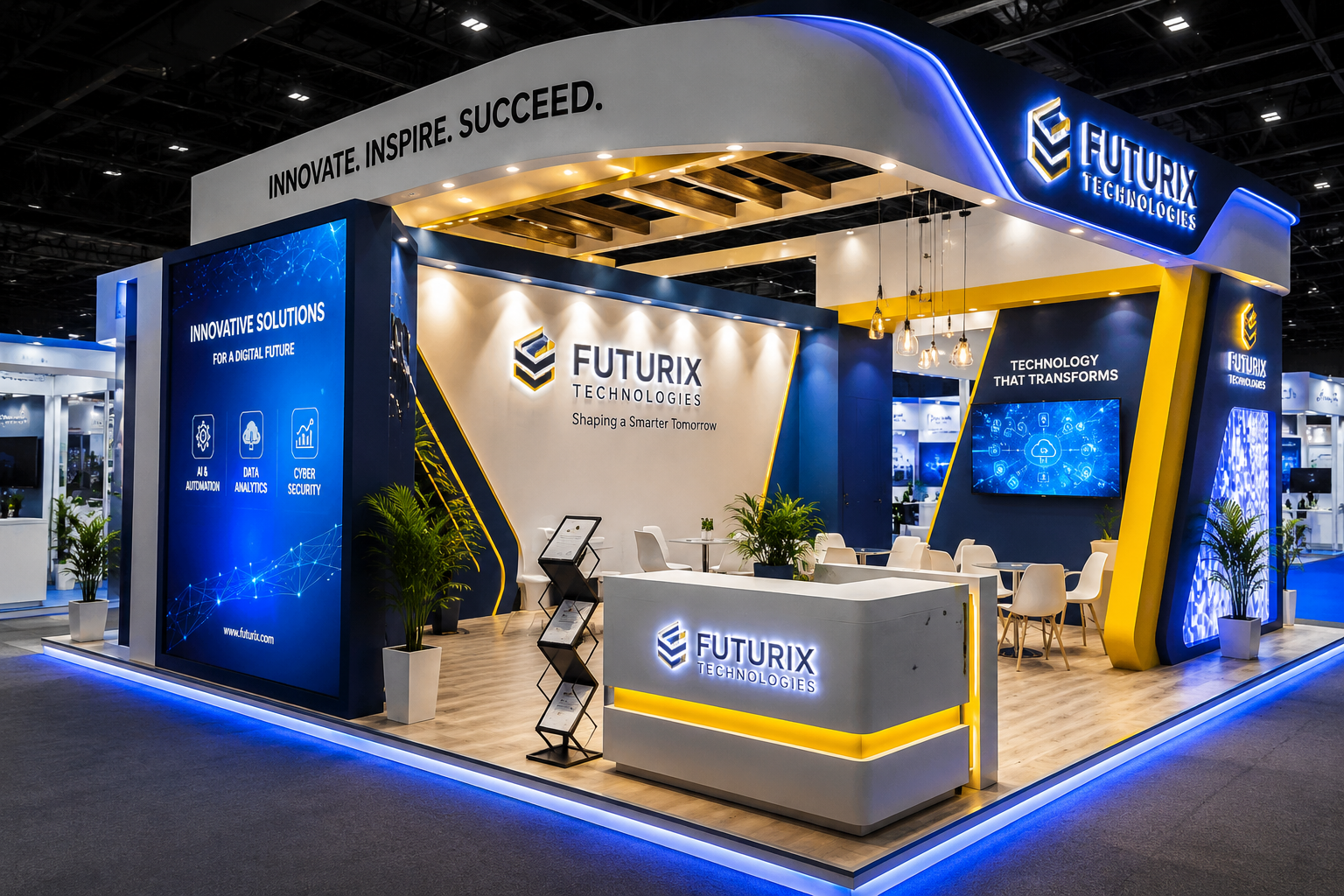 Modern eye-catching exhibition booth design with LED screens, creative branding, stylish lighting, and interactive display setup at an exhibition in India.