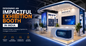 Modern exhibition booth design in India with LED screens, branding elements, interactive displays, seating area, and creative event setup by Resources Events.